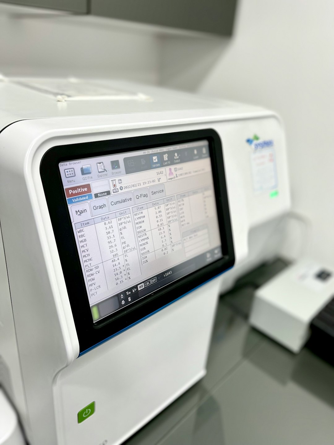 A medical laboratory hematology analyzer displaying blood test results.